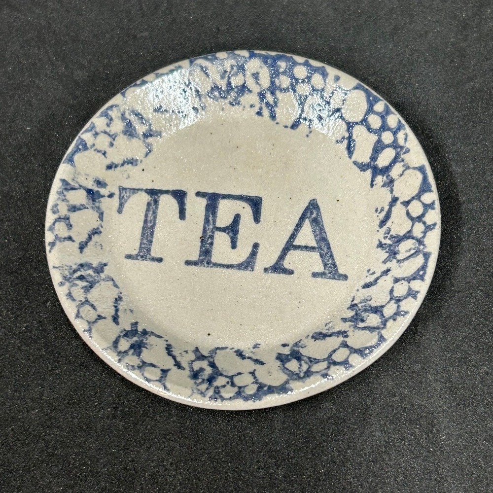 Blue Spongeware Ceramic Tea Bag Rest Salt Glazed Trinket Dish Rustic Farmhouse